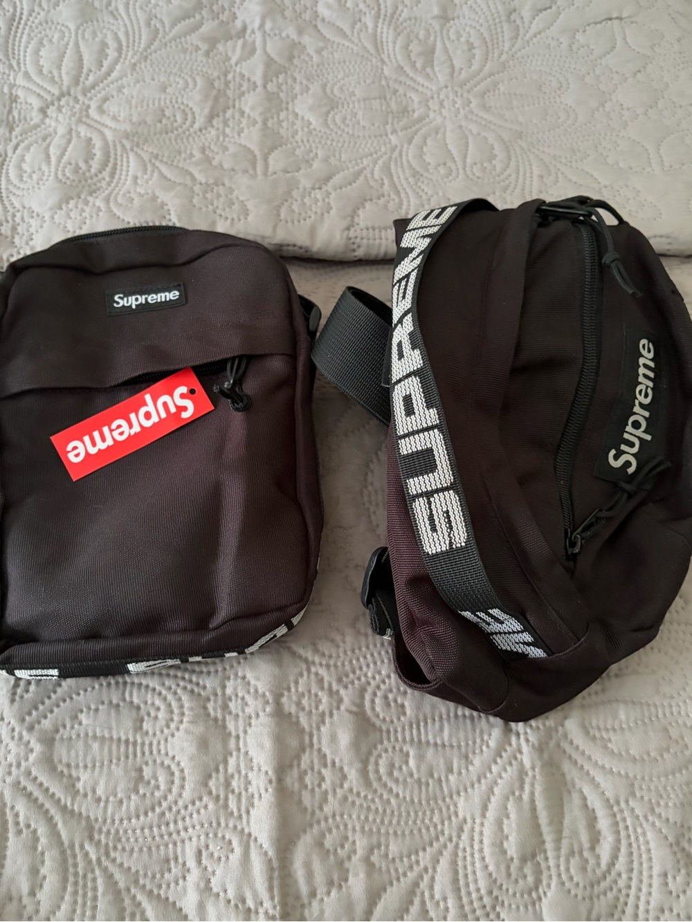 Supreme Black Waist Pack and Crossbody Duo with White Logo Strap